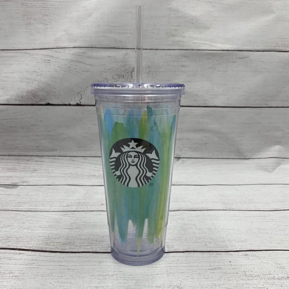 Starbucks 2017 Cold Cup 20oz Tumbler Mint Green Blues Brush Strokes w/Straw